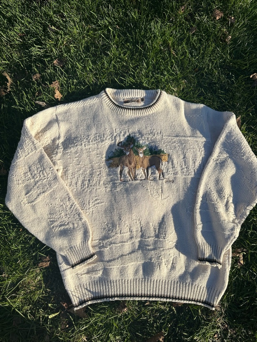 Vintage Cream Deer Embroidered Crewneck Sweater - Men